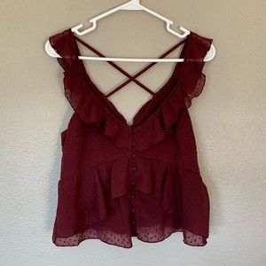 Abercrombie & Fitch Ruffle Polka Dot Button Maroon Crossback Tank Top